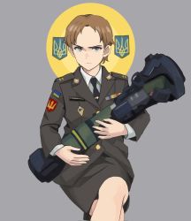 Rule 34 | 1girl, black necktie, blue eyes, brown hair, closed mouth, commentary request, expressionless, feet out of frame, halo, halo behind head, highres, holding, holding rocket launcher, holding weapon, long sleeves, looking at viewer, man-portable anti-tank systems, military, military uniform, missile launcher, necktie, nlaw, original, patch, rocket launcher, shirt, short hair, shoulder patch, sitting, skirt, solo, ukraine, ukrainian flag, uniform, wani (perfect han), weapon, white shirt