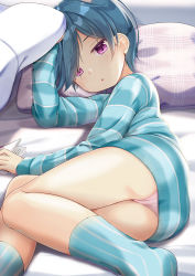 Rule 34 | 1girl, :o, arm up, ass, bed sheet, blue hair, blue shirt, blue socks, commentary request, hair over one eye, head tilt, long sleeves, looking at viewer, lying, minami (niiya), niiya, no shoes, on side, original, panties, parted lips, pillow, pink panties, purple eyes, shirt, socks, solo, striped clothes, striped shirt, striped socks, underwear, vertical-striped clothes, vertical-striped socks