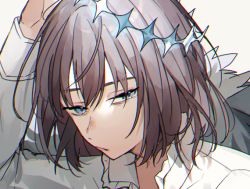 Rule 34 | 1boy, blue eyes, butterfly wings, cape, crown, eri 05b, fate/grand order, fate (series), fur-trimmed cape, fur trim, half-closed eyes, insect wings, light brown hair, looking at viewer, male focus, oberon (fate), oberon (third ascension) (fate), portrait, shirt, short hair, solo, spoilers, white shirt, wings