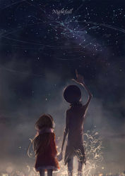 Rule 34 | 1boy, 1girl, backlighting, blurry, bokeh, brown hair, building, city, coat, commentary, cowboy shot, dark, deemo, deemo (character), depth of field, earmuffs, from behind, alice (deemo), hetero, highres, holding hands, light particles, long hair, looking up, night, night sky, pointing, pointing up, scarf, sishenfan, sky, song name, star (sky), starry sky