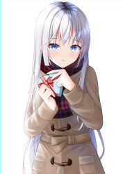 Rule 34 | 1girl, absurdres, alternate costume, blue eyes, blunt ends, blush, bow, box, brown coat, coat, commentary request, cowboy shot, crossed bangs, eyelashes, eyes visible through hair, furrowed brow, gift, hair between eyes, heart-shaped box, highres, holding, holding gift, long hair, long sleeves, looking at viewer, mao sirahama, naruse shiroha, open mouth, plaid, plaid scarf, red bow, red ribbon, red scarf, ribbon, scarf, shy, sidelocks, simple background, solo, standing, straight hair, summer pockets, valentine, very long hair, white background, white hair