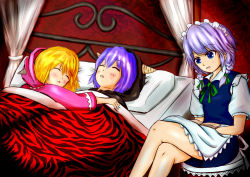 Rule 34 | 3girls, :d, :o, apron, bad id, bad pixiv id, bed, blanket, blonde hair, blue dress, blue hair, blush, book, braid, canopy bed, closed eyes, commentary request, crossed legs, dress, fake horns, fang, flandre scarlet, highres, horns, izayoi sakuya, long sleeves, lying, maid, maid headdress, multiple girls, on back, on stomach, open book, open mouth, pajamas, pillow, reading, remilia scarlet, short hair, short sleeves, siblings, silver hair, sisters, sitting, sleeping, smile, touhou, twin braids, under covers, uru (uru0301), waist apron