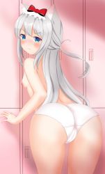 Rule 34 | 1girl, ass, azur lane, blue eyes, blush, bow, breasts, cameltoe, commentary request, from behind, hair between eyes, hair bow, hammann (azur lane), highres, leaning forward, locker, locker room, long hair, looking at viewer, looking back, michou, nipples, panties, pout, red bow, silver hair, small breasts, solo, thighs, topless, underwear, underwear only, very long hair, white panties