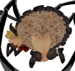 Rule 34 | 1girl, alternate costume, arthropod girl, arthropod limbs, ass, black gloves, blonde hair, blush, bow, breasts, chamaruk, dress, elbow gloves, frilled dress, frills, full body, gloves, hair bow, hanging breasts, high heels, highres, insect girl, kurodani yamame, large breasts, looking at viewer, looking back, petticoat, ponytail, short hair, solo, spider girl, too many, too many frills, touhou, upskirt, white background, yellow eyes