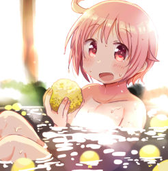 Rule 34 | 1girl, :d, ahoge, blurry, blurry background, blush, collarbone, commentary request, completely nude, convenient censoring, dripping, fingernails, flat chest, food, fruit, highres, holding, holding food, holding fruit, light censor, looking at viewer, name connection, nonohara yuzuko, nude, object namesake, onsen, open mouth, outdoors, partially submerged, petals, petals on liquid, pink eyes, pink hair, short hair, smile, solo, sunlight, tatsunokosso, water, water drop, wet, wet hair, yuyushiki, yuzu (fruit), yuzu bath