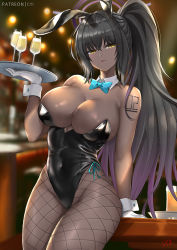 Rule 34 | 1girl, animal ears, bare shoulders, black hair, black leotard, blue archive, blush, bow, bowtie, breasts, cleavage, cup, cyicheng, dark-skinned female, dark skin, detached collar, drinking glass, fake animal ears, fishnet pantyhose, fishnets, gloves, halo, highleg, highleg leotard, karin (blue archive), karin (bunny) (blue archive), large breasts, leotard, long hair, looking at viewer, paid reward available, pantyhose, parted lips, playboy bunny, ponytail, rabbit ears, sidelocks, solo, thighs, traditional bowtie, tray, white gloves, yellow eyes