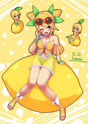 Rule 34 | 1boy, 2girls, :d, bare shoulders, blonde hair, blush, breasts, c.c. lemon, c.c. lemon (character), cleavage, coupe50, detached sleeves, fang, food, fruit, large breasts, leaf, lemon, multiple girls, navel, open mouth, original, red eyes, sitting, smile, striped clothes, striped legwear, striped thighhighs, sunglasses, thighhighs