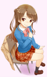 Rule 34 | 10s, 1girl, 2014, bow, bowtie, brown eyes, brown hair, chair, dated, food, full body, heart, heart-shaped pupils, idolmaster, idolmaster cinderella girls, long hair, looking at viewer, nagian, pigeon-toed, pink background, plaid, plaid skirt, pocky, pocky day, shimamura uzuki, sitting, skirt, smile, solo, sweater, symbol-shaped pupils, two side up