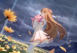 Rule 34 | 1girl, ahoge, braid, brown hair, closed mouth, cloud, cloudy sky, commentary, dress, dutch angle, flower, green eyes, hair between eyes, hair flower, hair ornament, highres, hug, juliet sleeves, kanbe kotori, long hair, long sleeves, looking away, outdoors, overcast, petals, pink flower, pleated dress, puffy sleeves, rain, rewrite, single braid, sky, solo, standing, thighhighs, timbougami, very long hair, white dress, white thighhighs, wide sleeves, yellow flower