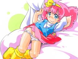 Rule 34 | 1girl, bed, bed sheet, blue eyes, blue vest, blush, boots, clothes lift, hair ornament, hairband, hoshino fuuta, jewelry, looking at viewer, lying, mahou no princess minky momo, minky momo, necklace, panties, pink hair, red skirt, sheet grab, shirt, short hair, short sleeves, skirt, skirt lift, smile, star (symbol), star hair ornament, underwear, vest, white background, white panties, white shirt, yellow footwear