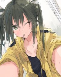 Rule 34 | 10s, 1girl, absurdres, alternate costume, collarbone, edogawa nao, green eyes, green hair, highres, jacket, kantai collection, long hair, mouth hold, one eye closed, short sleeves, smile, solo, twintails, twitter username, yellow jacket, zuikaku (kancolle)