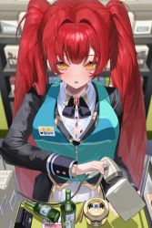 Rule 34 | 1girl, absurdres, barcode scanner, blush, bottle, breasts, cleavage, commentary, convenience store, highres, korean text, long hair, looking at viewer, open mouth, orange eyes, original, red hair, rima (0136), shop, soju, solo, symbol-only commentary, twintails, uniform, vest