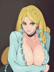 Rule 34 | 1girl, arm under breasts, blonde hair, breasts, cleavage, green eyes, highres, katsute kami datta kemonotachi e, large breasts, liza renecastle, long hair, mole, mole on breast, no bra, solo