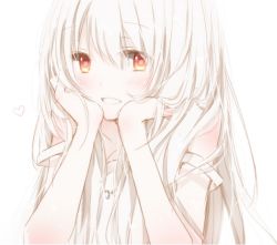 Rule 34 | 1girl, bare shoulders, blush, body blush, eyebrows, hair between eyes, hands on own cheeks, hands on own face, heart, hiro (hirohiro31), jewelry, long hair, looking at viewer, necklace, off shoulder, original, portrait, red eyes, shirt, strap slip, white hair, white shirt, white theme