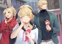 Rule 34 | 1boy, 2girls, belt, blonde hair, blush stickers, brother and sister, contemporary, crepe, eating, fate/grand order, fate (series), food, food on face, gareth (fate), gawain (fate), green eyes, hand on own face, highres, hood, hoodie, mordred (fate), mordred (fate/apocrypha), multiple girls, nakaga eri, pants, ponytail, red hoodie, siblings, sisters, white hoodie, white pants