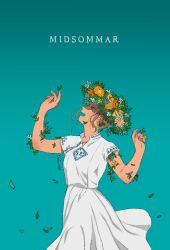 Rule 34 | 1girl, blonde hair, blue background, blue eyes, copyright name, crying, dani arbor, dress, flower, foliage, hands up, head wreath, midsommar, open mouth, petals, plant, profile, shokugyo, solo, tears, white dress, wind