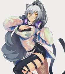 Rule 34 | 1girl, absurdres, animal ears, arknights, bad id, bad pixiv id, black bra, black gloves, black shorts, bra, breasts, cat ears, cat tail, cleavage, clothing cutout, commentary, cowboy shot, fishnet legwear, fishnets, gloves, grey background, hair between eyes, headphones, headphones around neck, highres, kkun88, large breasts, long hair, long sleeves, looking to the side, navel, navel cutout, schwarz (arknights), shirt, short shorts, shorts, silver hair, simple background, smile, solo, standing, tail, thighs, underwear, very long hair, white shirt, yellow eyes