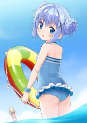 Rule 34 | &gt; &lt;, 2girls, :d, absurdres, arms up, ass, ball, bare shoulders, beachball, bikini, blue eyes, blue hair, blue one-piece swimsuit, blue sky, blush, braid, casual one-piece swimsuit, closed eyes, commentary request, day, double bun, frilled swimsuit, frills, from behind, gochuumon wa usagi desu ka?, hair between eyes, hair bun, hair ornament, highres, holding, holding ball, hoto cocoa, innertube, kafuu chino, looking at viewer, looking back, mousou (mousou temporary), multiple girls, one-piece swimsuit, open mouth, outdoors, pink bikini, sidelocks, sky, smile, solo focus, standing, swim ring, swimsuit, wading, water, x hair ornament, xd