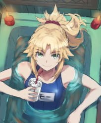 Rule 34 | 1girl, bad id, bad twitter id, bare shoulders, bathtub, blonde hair, blue one-piece swimsuit, braid, breasts, collarbone, fate/apocrypha, fate (series), french braid, green eyes, highres, long hair, looking at viewer, mordred (fate), mordred (fate/apocrypha), name tag, one-piece swimsuit, parted bangs, ponytail, school swimsuit, sidelocks, small breasts, smile, solo, swimsuit, tonee