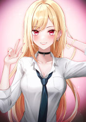 Rule 34 | 1girl, :d, absurdres, arm up, backlighting, black choker, black necktie, blonde hair, blush, breast pocket, breasts, choker, cleavage, collarbone, collared shirt, ear piercing, eichi (skskdi12z), fingernails, gradient background, grin, gyaru, highres, kitagawa marin, large breasts, lens flare, lipstick, long fingernails, long hair, long sleeves, looking at viewer, makeup, nail polish, necktie, open mouth, parted lips, piercing, pink background, pink nails, pocket, red eyes, school uniform, shirt, smile, solo, sono bisque doll wa koi wo suru, sparkle, upper body, v, very long hair, white shirt