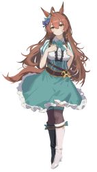 Rule 34 | 1girl, absurdres, ahoge, animal ears, asymmetrical footwear, belt, black footwear, boots, bow, breasts, brown eyes, brown footwear, brown hair, button eyes, buttons, center frills, closed mouth, collared shirt, ear bow, frilled skirt, frills, full body, green skirt, hands on own chest, high-waist skirt, high heel boots, high heels, highres, horse ears, horse girl, horse tail, long hair, medium breasts, mejiro bright (umamusume), mismatched footwear, puffy short sleeves, puffy sleeves, shirt, short sleeves, skirt, solo, split mouth, tail, thighhighs, umamusume, white footwear, yuku~