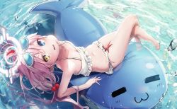 Rule 34 | 1girl, absurdres, afloat, ahoge, amamami prime, arm support, bare arms, bare legs, bare shoulders, barefoot, bikini, blue archive, blue eyes, blush, collarbone, crossed legs, eyewear on head, fish, frilled bikini, frills, from above, groin, hair between eyes, hair bobbles, hair ornament, halo, heterochromia, highres, hoshino (blue archive), innertube, long hair, looking at viewer, midriff, navel, ocean, open mouth, pink hair, smile, soaking feet, solo, sunglasses, swim ring, swimsuit, thighs, twintails, very long hair, water, wet, white bikini, yellow eyes