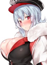 Rule 34 | 1girl, azur lane, benten (ioj3446), blush, breasts, buttons, cleavage, fur trim, graf zeppelin (azur lane), hat, highres, large breasts, long hair, looking at viewer, parted lips, peaked cap, red eyes, silver hair, simple background, solo, white background