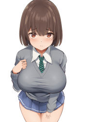Rule 34 | 1girl, absurdres, bare legs, blouse, blue skirt, blush, bob cut, breasts, brown eyes, brown hair, closed mouth, collared shirt, furrowed brow, grey sweater, hair between eyes, hand on own chest, highres, large breasts, long sleeves, looking at viewer, looking up, medium hair, necktie, neneneji, original, shirt, short hair, shy, simple background, skirt, solo, standing, striped necktie, sweater, white background, white shirt