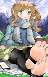 Rule 34 | 1girl, black thighhighs, blonde hair, blush, fang, feet, foot focus, green eyes, hair ornament, highres, inuyama aoi, jacket, menthako, mountain, picnic, scarf, side ponytail, skin fang, soles, solo, thick eyebrows, thighhighs, toes, yurucamp
