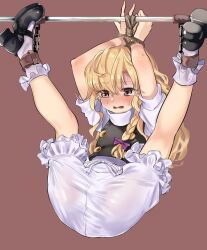 Rule 34 | 1girl, ankle cuffs, arms up, bdsm, blonde hair, bloomers, blush, bondage, bound, bow, braid, chain, frilled socks, frills, gunnjou yosio, hair bow, highres, horizontal bar, kirisame marisa, legs up, long hair, no headwear, no pants, open mouth, petite, purple bow, restrained, rope, shirt, shoes, short sleeves, single braid, socks, solo, suspension, sweat, tearing up, touhou, underwear, white bloomers, yellow eyes
