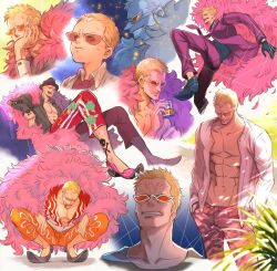 Rule 34 | 1boy, aged down, arisue kanako, ascot, black gloves, black shirt, blonde hair, capri pants, closed mouth, clothes writing, coat, cup, donquixote doflamingo, feather coat, floral print, formal, gloves, grin, hand tattoo, hands in pockets, highres, holding, holding cup, jewelry, leg tattoo, male focus, multiple rings, muscular, muscular male, necktie, nervous, one piece, open clothes, open mouth, pants, pink coat, plant, red ascot, red necktie, red suit, ring, rose print, serious, shirt, short hair, smile, squatting, suit, sunglasses, tattoo, teeth, thread, variations, white shirt