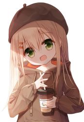 Rule 34 | 1girl, :d, beret, braid, brown hair, brown hat, brown hoodie, coffee cup, commentary request, cup, disposable cup, drawstring, drinking straw, green eyes, hair between eyes, hair ornament, hairclip, hat, head tilt, holding, holding cup, hood, hood down, hoodie, long hair, long sleeves, looking at viewer, open mouth, original, puffy long sleeves, puffy sleeves, simple background, sleeves past wrists, smile, solo, upper body, waka (yuuhagi (amaretto-no-natsu)), white background, yuuhagi (amaretto-no-natsu)