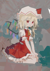 Rule 34 | 1girl, ascot, blonde hair, brown ascot, closed mouth, collared shirt, crystal, dress, flandre scarlet, frills, grey background, hair between eyes, hat, hat ribbon, highres, jewelry, looking at viewer, mob cap, multicolored wings, no lineart, one side up, puffy short sleeves, puffy sleeves, red dress, red eyes, red ribbon, reddizen, ribbon, seiza, shirt, short hair, short sleeves, sitting, solo, touhou, white hat, white shirt, wings