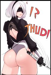 Rule 34 | 1girl, android, ass, fighting stance, fraankyy, highres, huge ass, looking at viewer, looking back, nier, nier (series), nier:automata, robot, sword, weapon, white hair, 2b (nier:automata)