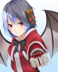 Rule 34 | 1girl, bag, bell, black neckwear, blue background, blue hat, capelet, gift bag, gradient background, hair bell, hair between eyes, hair ornament, hat, holding, holding bag, looking at viewer, red capelet, red eyes, remilia scarlet, santarou, short hair, slit pupils, solo, touhou, upper body, wings