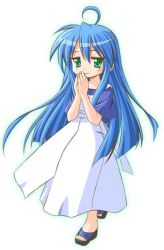 Rule 34 | 00s, 1girl, ahoge, blue hair, dress, full body, green eyes, izumi konata, long hair, looking at viewer, lucky star, mole, mole under eye, own hands together, sandals, shiumai, sidelocks, simple background, solo, standing, toes, very long hair, white background, white dress