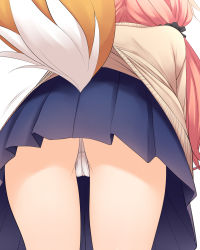 Rule 34 | 1girl, absurdres, aged down, ass, blue scrunchie, blue skirt, brown cardigan, cameltoe, cardigan, commentary request, fate/extra, fate (series), fox tail, from behind, hair ornament, hair over shoulder, hair scrunchie, haryuu (poetto), head out of frame, highres, leaning forward, long hair, low twintails, motion lines, panties, pink hair, pleated skirt, school uniform, scrunchie, shirt, simple background, skirt, solo, tail, tamamo (fate), tamamo no mae (fate/extra), twintails, underwear, very long hair, white background, white panties, white shirt