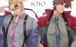 Rule 34 | 2boys, aqua eyes, backlighting, battle tendency, blonde hair, blue jacket, blue neckwear, blue shirt, breast pocket, brown hair, caesar anthonio zeppeli, closed mouth, coat, collared shirt, commentary request, copyright name, dress shirt, facial mark, green eyes, green shirt, hand up, headband, jacket, jacket on shoulders, jojo no kimyou na bouken, joseph joestar, joseph joestar (young), kurosakiinu, long sleeves, looking at viewer, looking away, looking down, looking to the side, male focus, multiple boys, necktie, open collar, padded coat, pink neckwear, pocket, red jacket, shirt, short hair, smile, suspenders, suspenders pull, triangle print, upper body, winged hair ornament