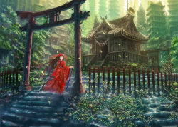 Rule 34 | 1girl, architecture, brown hair, building, denki, dual wielding, east asian architecture, forest, holding, japanese clothes, katana, leaf, long hair, mask, md5 mismatch, nature, original, red eyes, scabbard, scenery, sheath, solo, sunlight, sword, torii, tree, weapon, wind