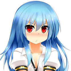 Rule 34 | &gt;:/, 1girl, :/, blue hair, blush, breasts, cleavage, collarbone, hinanawi tenshi, long hair, looking at viewer, no headwear, no headwear, nose blush, popped collar, puffy short sleeves, puffy sleeves, red eyes, short sleeves, small breasts, solo, touhou, unbuttoned, upper body, us2s, v-shaped eyebrows, very long hair