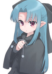 Rule 34 | 1girl, absurdres, aqua hair, black bow, black capelet, black shirt, bow, buttons, capelet, clenched hand, expressionless, forehead, fur-trimmed capelet, fur trim, hair bow, hair intakes, half updo, hand up, highres, len (tsukihime), long hair, long sleeves, looking at viewer, parted bangs, parted lips, pointy ears, pom pom (clothes), red eyes, shirt, sidelocks, simple background, solo, straight hair, tamura-chan, tsukihime, upper body, white background