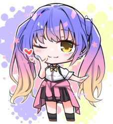 Rule 34 | 1girl, ;3, black socks, blonde hair, blue hair, blue nails, blush, bow, bowtie, chibi, closed mouth, clothes around waist, commentary, gradient hair, gyaru, hair between eyes, hand up, heart, kogal, kohibari kurumi, long hair, looking at viewer, multicolored hair, nail polish, one eye closed, outstretched arm, pink hair, pink sweater, school uniform, shirt, short sleeves, silver116, simple background, skirt, smile, socks, solo, standing, suspender skirt, suspenders, sweater, tenshi souzou re-boot!, twintails, twitter username, v, very long hair, white shirt, yellow bow, yellow bowtie, yellow eyes, yellow nails