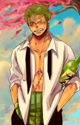 Rule 34 | 1boy, blush, bottle, cherry blossoms, flower, green hair, hands in pockets, haramaki, male focus, one piece, open clothes, open shirt, roronoa zoro, shirt, solo, tree