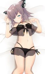 Rule 34 | 1girl, absurdres, animal ears, aoi mochio, arknights, bed sheet, bikini, black bikini, blue eyes, collarbone, earphones, flat chest, fox ears, fox girl, highres, looking at viewer, lying, navel, off-shoulder bikini, off shoulder, official alternate costume, on back, purple hair, short hair, short twintails, solo, sussurro (arknights), sussurro (summer flower) (arknights), swimsuit, twintails