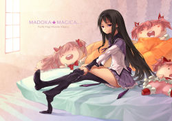 Rule 34 | 10s, 1girl, akemi homura, bed, black hair, character doll, doll, dressing, full body, hairband, highres, hong (luckeydog), kaname madoka, long hair, mahou shoujo madoka magica, mahou shoujo madoka magica (anime), open mouth, pillow, pink hair, purple eyes, putting on shoes, short twintails, skirt, solo, thighhighs, twintails, window, | |
