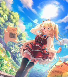 Rule 34 | 1girl, :d, akai haato, akai haato (gothic lolita), black thighhighs, blonde hair, blouse, blue eyes, blue sky, blush, breasts, cloud, commentary request, day, dress, feet out of frame, haaton (akai haato), hair between eyes, hair ornament, heart, heart hair ornament, highres, hololive, long hair, long sleeves, magowasabi, one side up, open mouth, outdoors, red dress, shirt, signature, sky, smile, sun, thigh strap, thighhighs, twitter username, very long hair, virtual youtuber, white shirt, x hair ornament