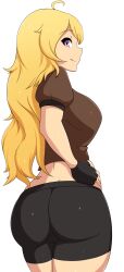 Rule 34 | 1girl, absurdres, ass, bike shorts, blonde hair, breasts, dragon breath, hand on own hip, highres, large breasts, legs, long hair, looking at viewer, looking back, rwby, sideboob, simple background, smile, thighs, white background, yang xiao long