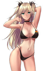 Rule 34 | 1girl, admiral hipper (azur lane), alternate breast size, alternate costume, alternate eye color, arm behind head, arm up, armpits, azur lane, bikini, black bikini, black ribbon, blonde hair, blush, breasts, choker, cleavage, clenched hand, closed mouth, collarbone, cowboy shot, cross, cross earrings, din (raiden), earrings, flag print, german flag bikini, gluteal fold, green eyes, groin, hair between eyes, hair ribbon, hand in own hair, highleg, highleg bikini, iron cross, jewelry, large breasts, long hair, looking at viewer, navel, one-piece tan, prinz eugen (azur lane), prinz eugen (unfading smile) (azur lane), ribbon, sidelocks, simple background, smile, solo, standing, stomach, swimsuit, tan, tanline, tsurime, two side up, white background