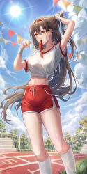 Rule 34 | 1girl, absurdres, arm up, bare legs, breasts, brown hair, crop top, day, dolphin shorts, drawstring, feet out of frame, gym uniform, hair tie in mouth, hairband, hand up, highres, kneehighs, long hair, looking ahead, medium breasts, midriff, mouth hold, original, outdoors, pippin (pippin sol), red shorts, shirt, short shorts, short sleeves, shorts, side-tie shirt, socks, solo, standing, sweatband, thighs, track and field, very long hair, white shirt, white socks, yellow eyes