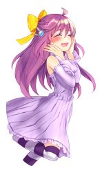 Rule 34 | 1girl, :d, ahoge, blush, bow, closed eyes, cropped legs, dress, frilled dress, frills, hair bow, half updo, hands on own cheeks, hands on own face, happy, headphones, leg up, long hair, long sleeves, off-shoulder dress, off shoulder, open mouth, purple dress, purple hair, purple thighhighs, renta (deja-vu), smile, solo, striped clothes, striped thighhighs, thighhighs, transparent background, utane oto, utau, yellow bow